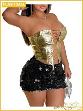 Faux Leather Lace-Up Rave Crop Top Backless Strapless
